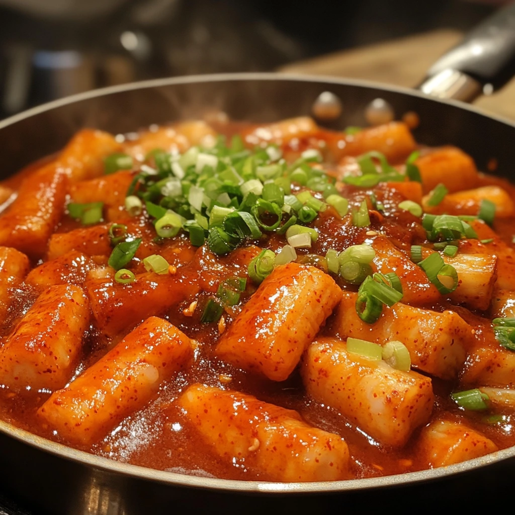 Cheesy tteokbokki topped with melted mozzarella and sesame seeds