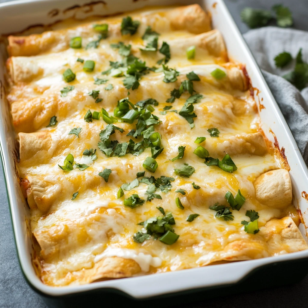 Homemade white chicken enchiladas served on a plate with rice and beans