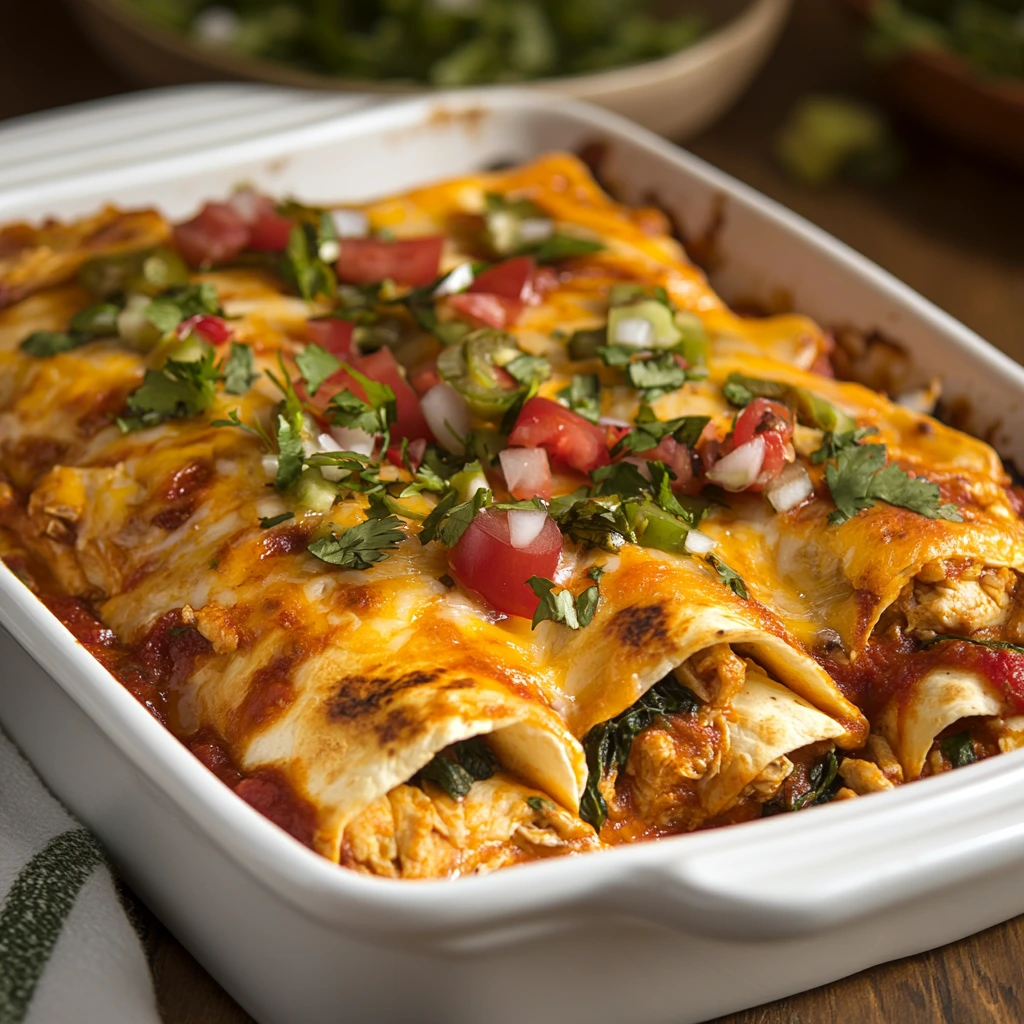 Baked white chicken enchiladas in creamy sauce with melted cheese