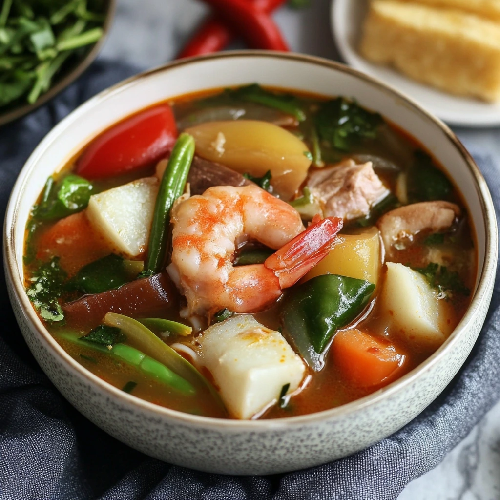 Easy sinigang recipe with pork, vegetables, and tamarind broth in a bowl