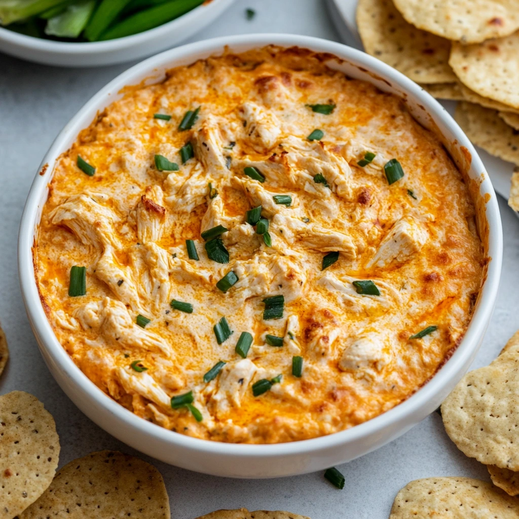 Creamy Buffalo chicken dip topped with melted cheddar cheese, served in a white baking dish with tortilla chips on the side.