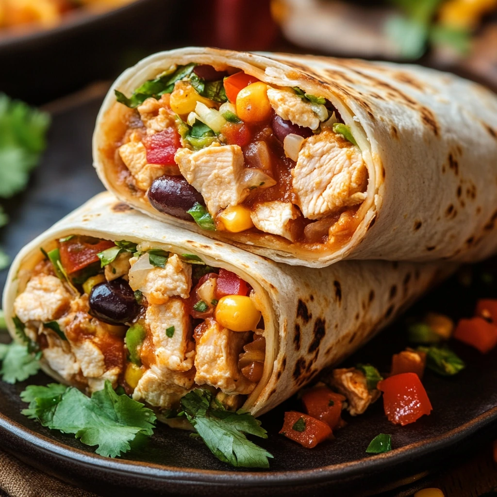 Freshly made chicken burrito cut in half, showing seasoned chicken, rice, beans, cheese, and vegetables on a plate