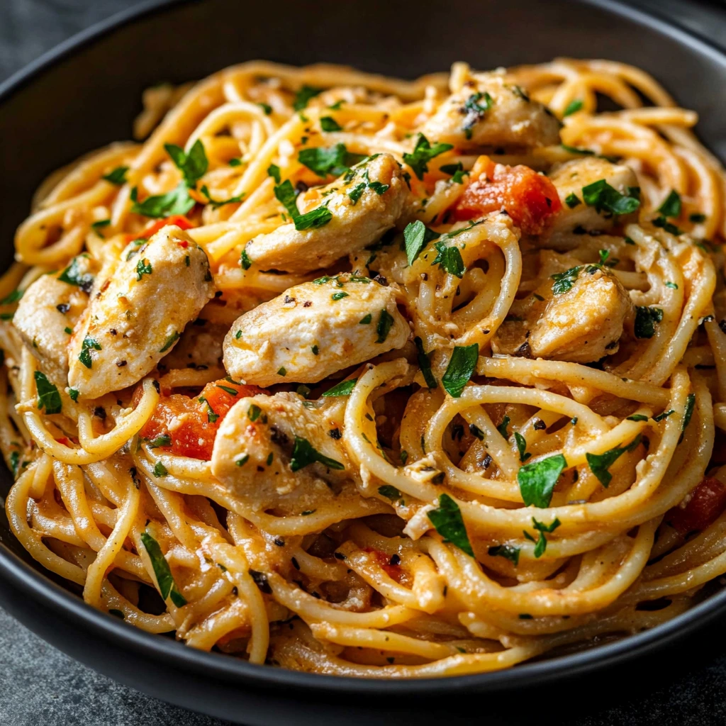 Creamy chicken spaghetti pasta with melted cheese and parsley garnish in a white bowl