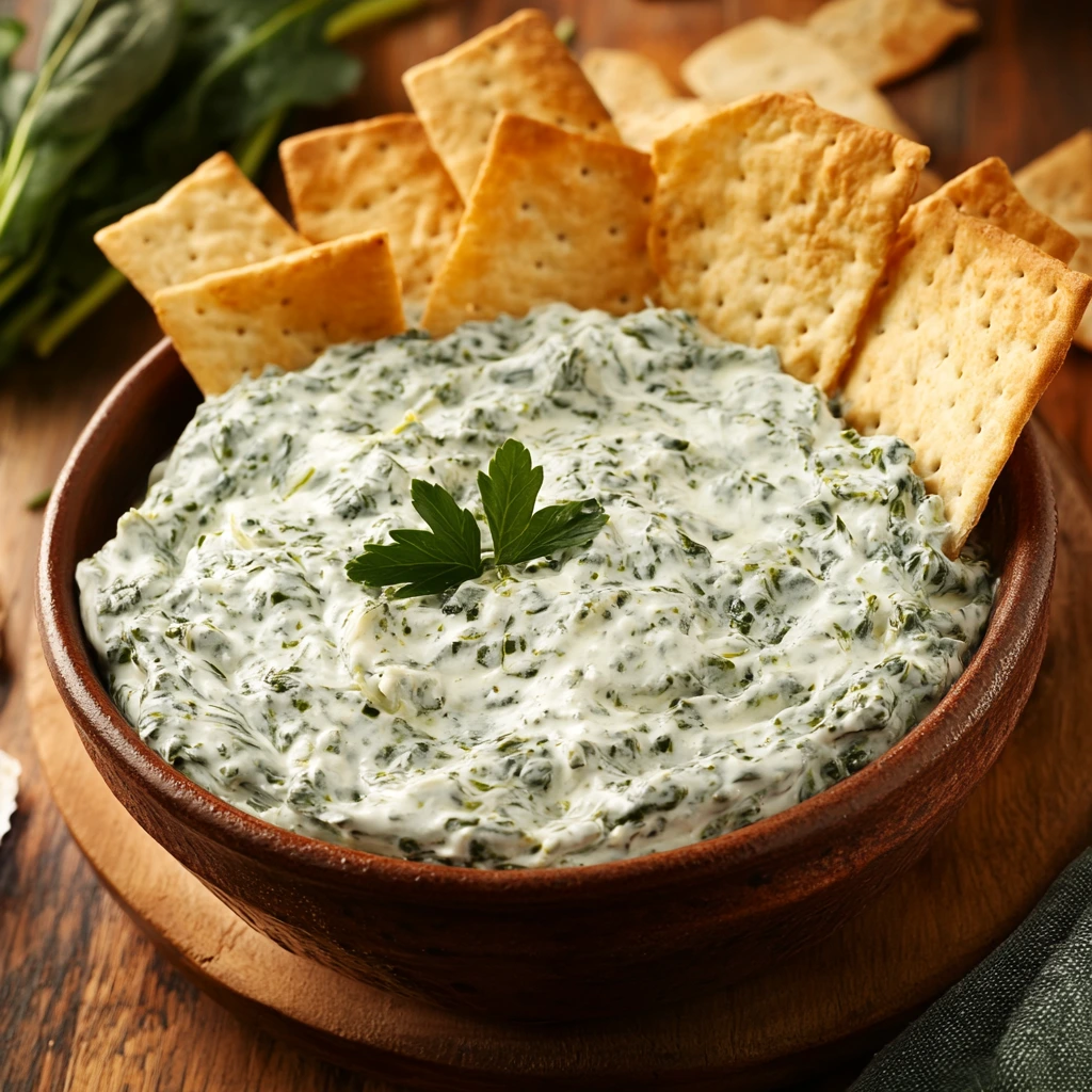 Creamy Knorr spinach dip served in a bread bowl with sliced veggies and crackers on the side