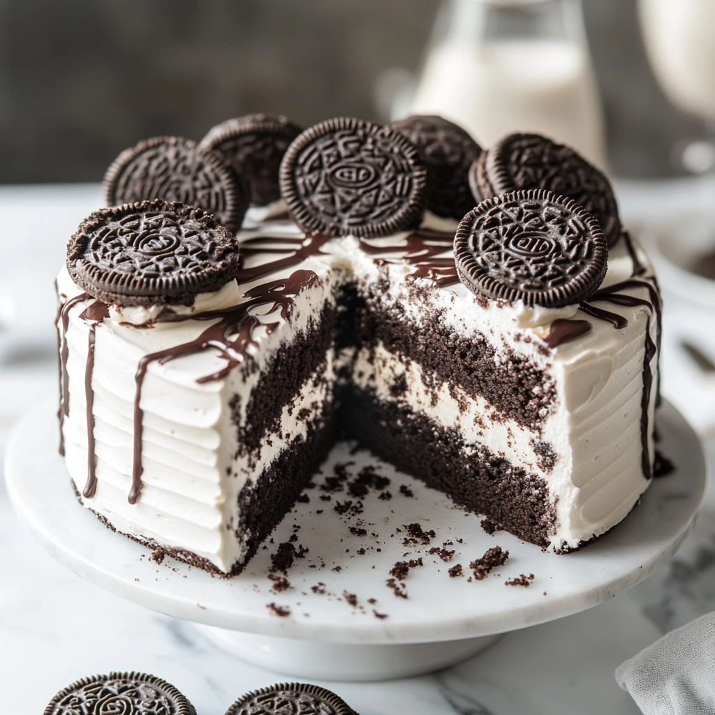 A homemade Oreo cake topped with whipped cream frosting and whole Oreo cookies, served on a white cake stand.