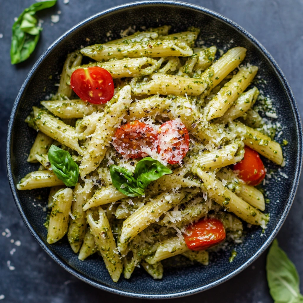 A bowl of creamy pesto pasta garnished with fresh basil leaves and grated Parmesan cheese.