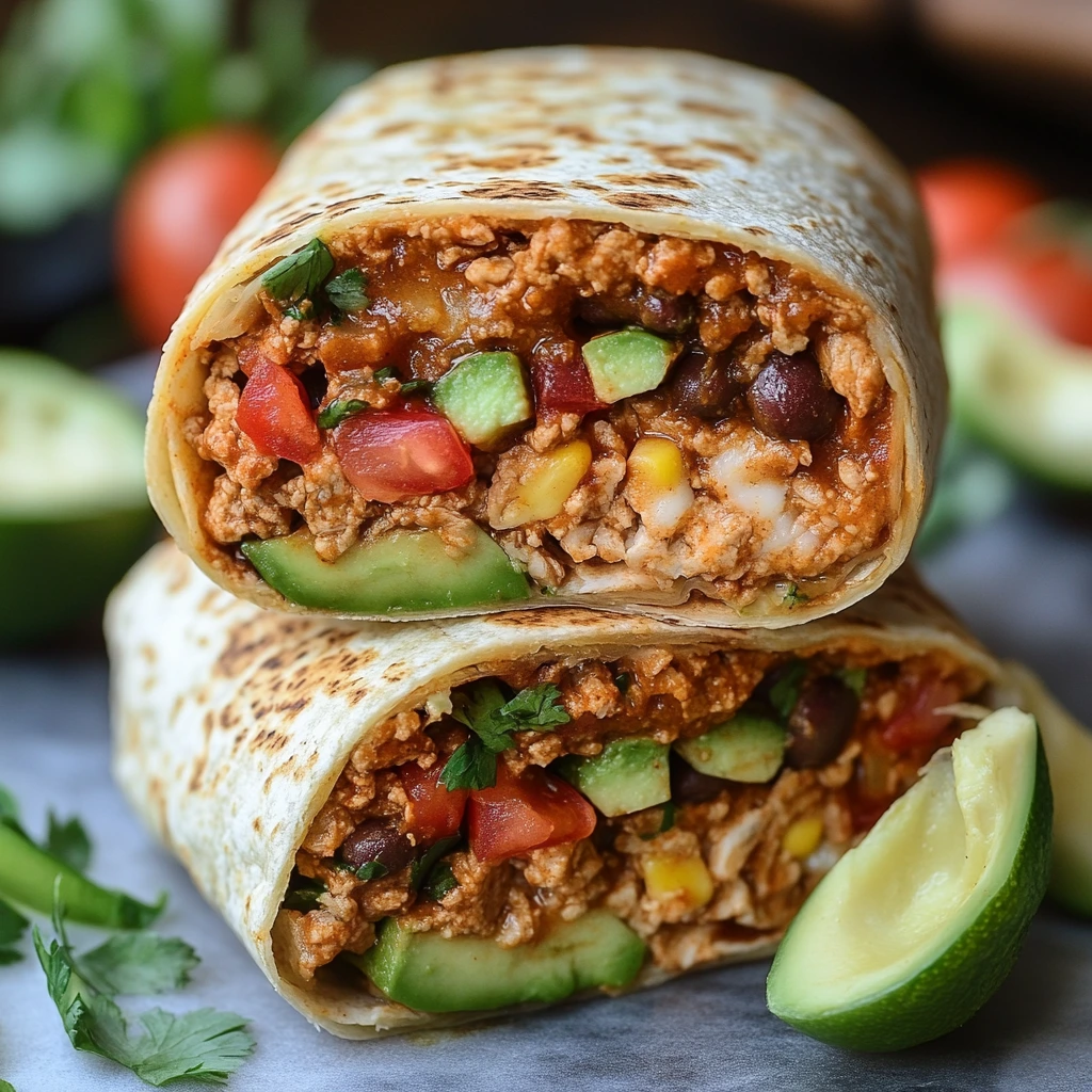 Freshly made quick burrito filled with rice, beans, chicken, cheese, and avocado on a wooden board
