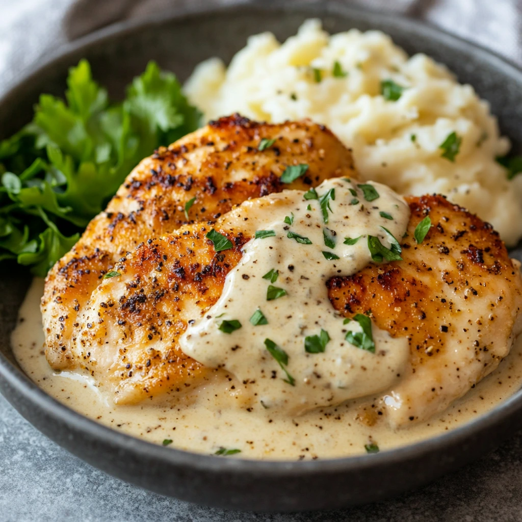Juicy baked ranch chicken breasts garnished with herbs on a white plate with a side of roasted vegetables.