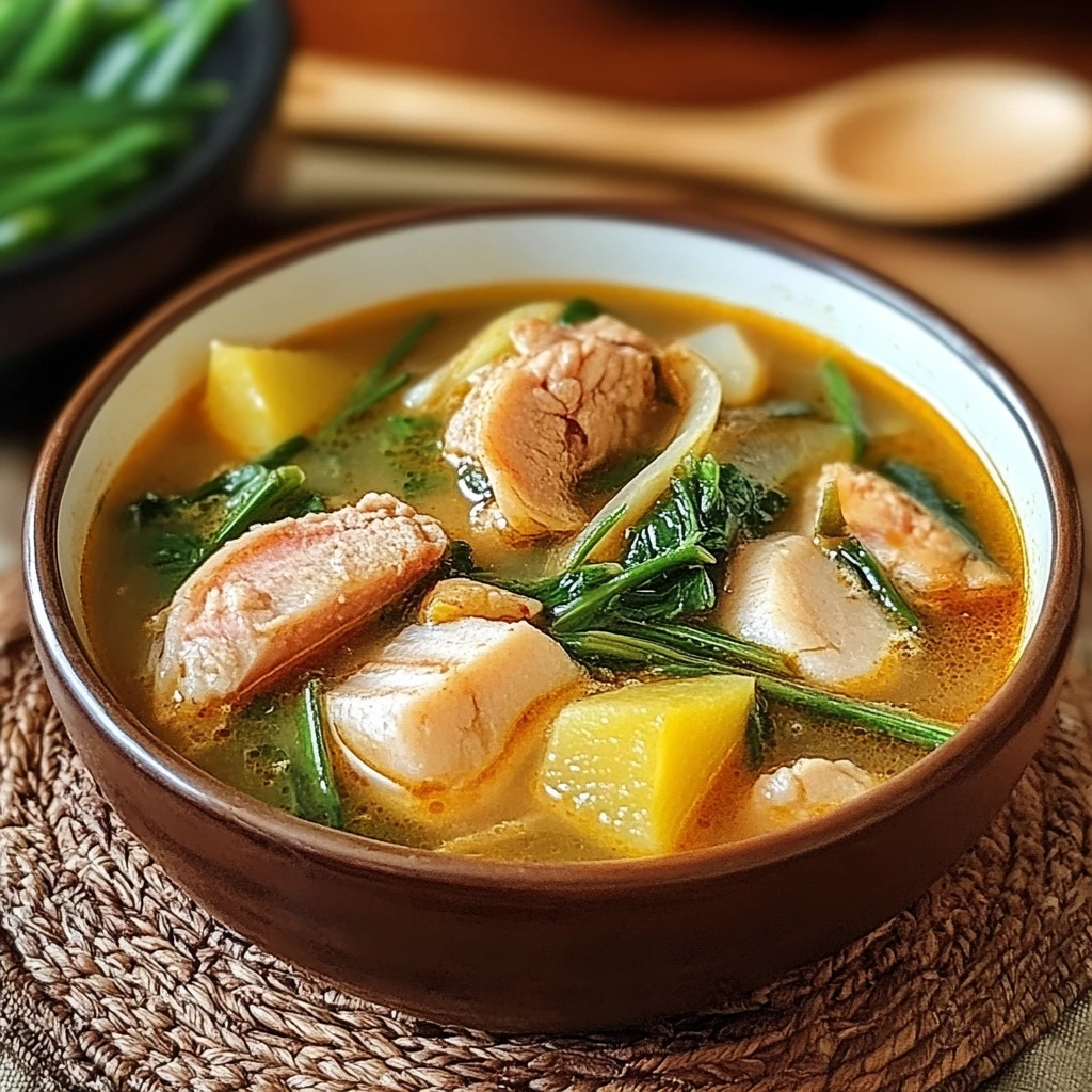Bowl of Filipino sinigang soup with pork, tamarind broth, and assorted vegetables