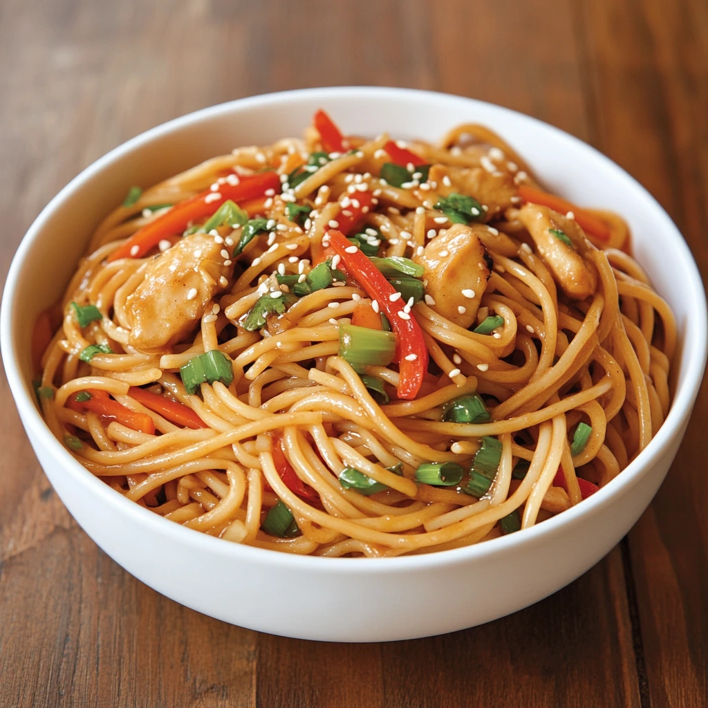 Spaghetti China recipe with stir-fried vegetables and chicken in soy garlic sauce