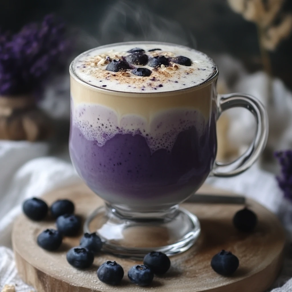 Blueberry latte in a clear glass cup topped with creamy milk foam and fresh blueberries on a wooden table