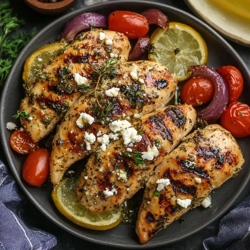 Grilled Greek chicken breasts garnished with fresh herbs and lemon wedges on a rustic plate.