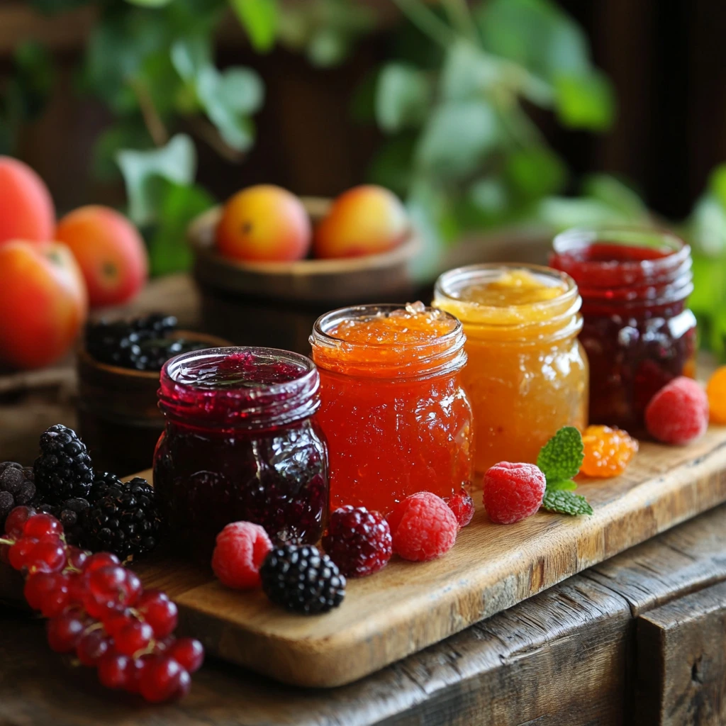 Homemade summer fruit jams in glass jars with fresh berries, peaches, and a wooden spoon on a rustic kitchen table.