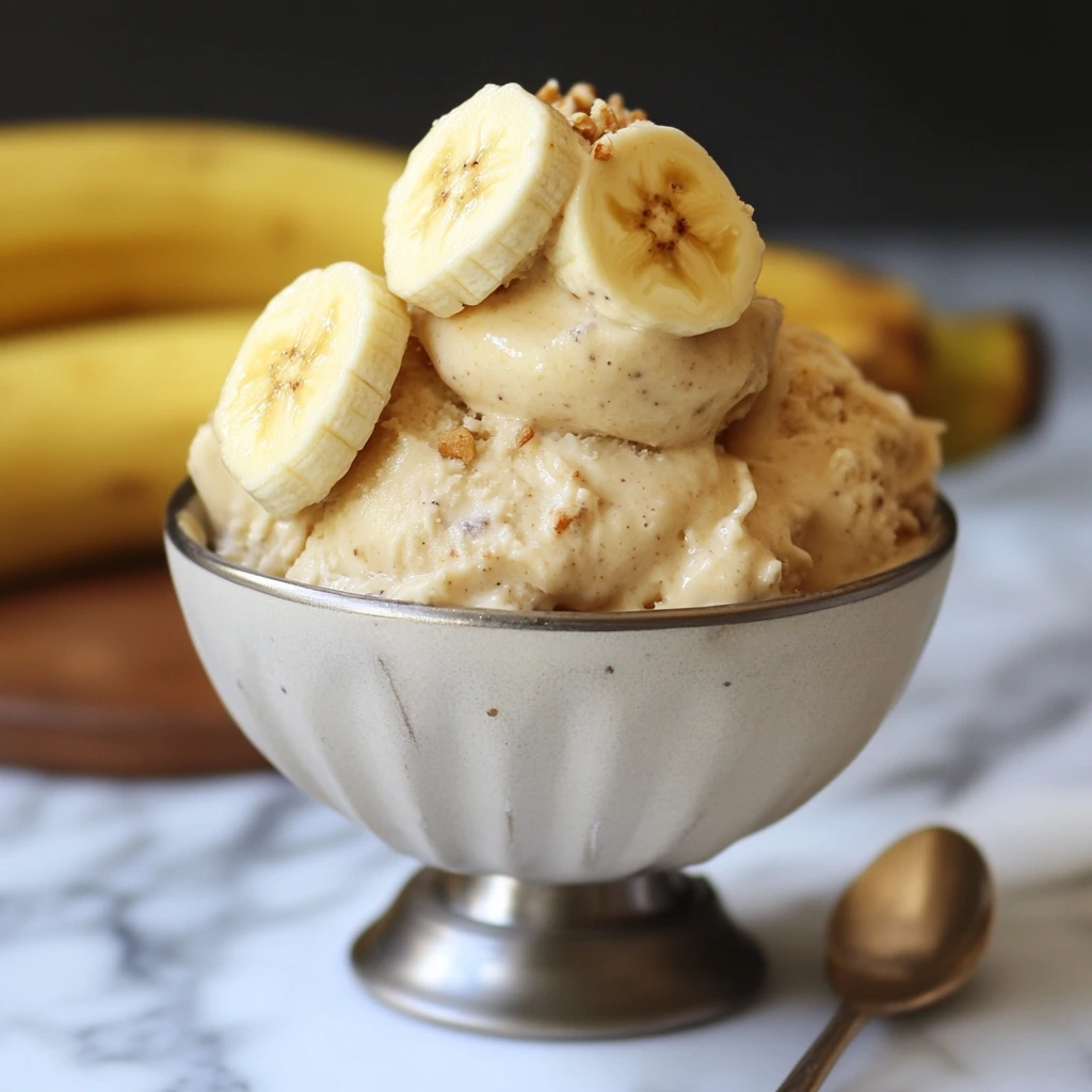 Creamy homemade banana ice cream in a bowl topped with fresh banana slices and a sprinkle of nuts