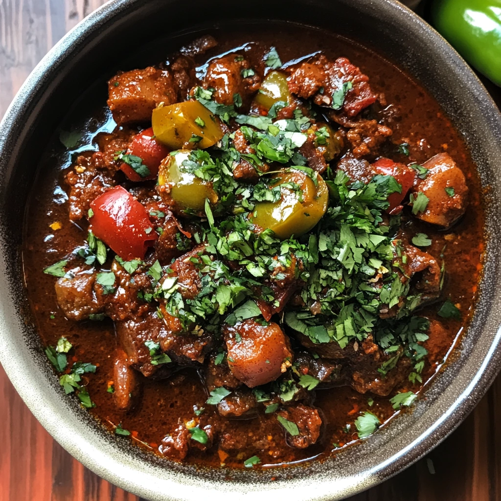 Tender beef chunks simmering in a rich red chile sauce for an authentic Chile Colorado recipe.