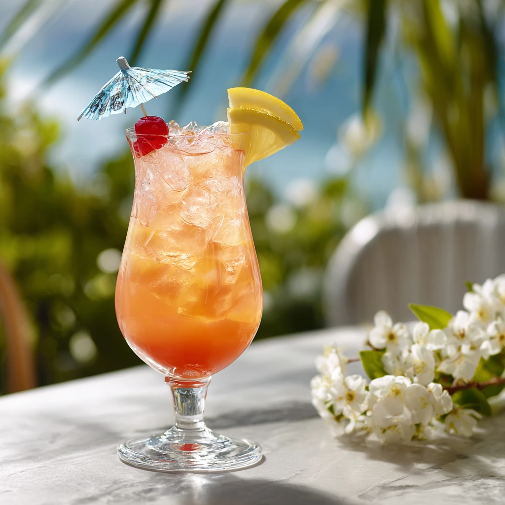 Glass of Malibu Bay Breeze cocktail with pineapple wedge and cherry garnish