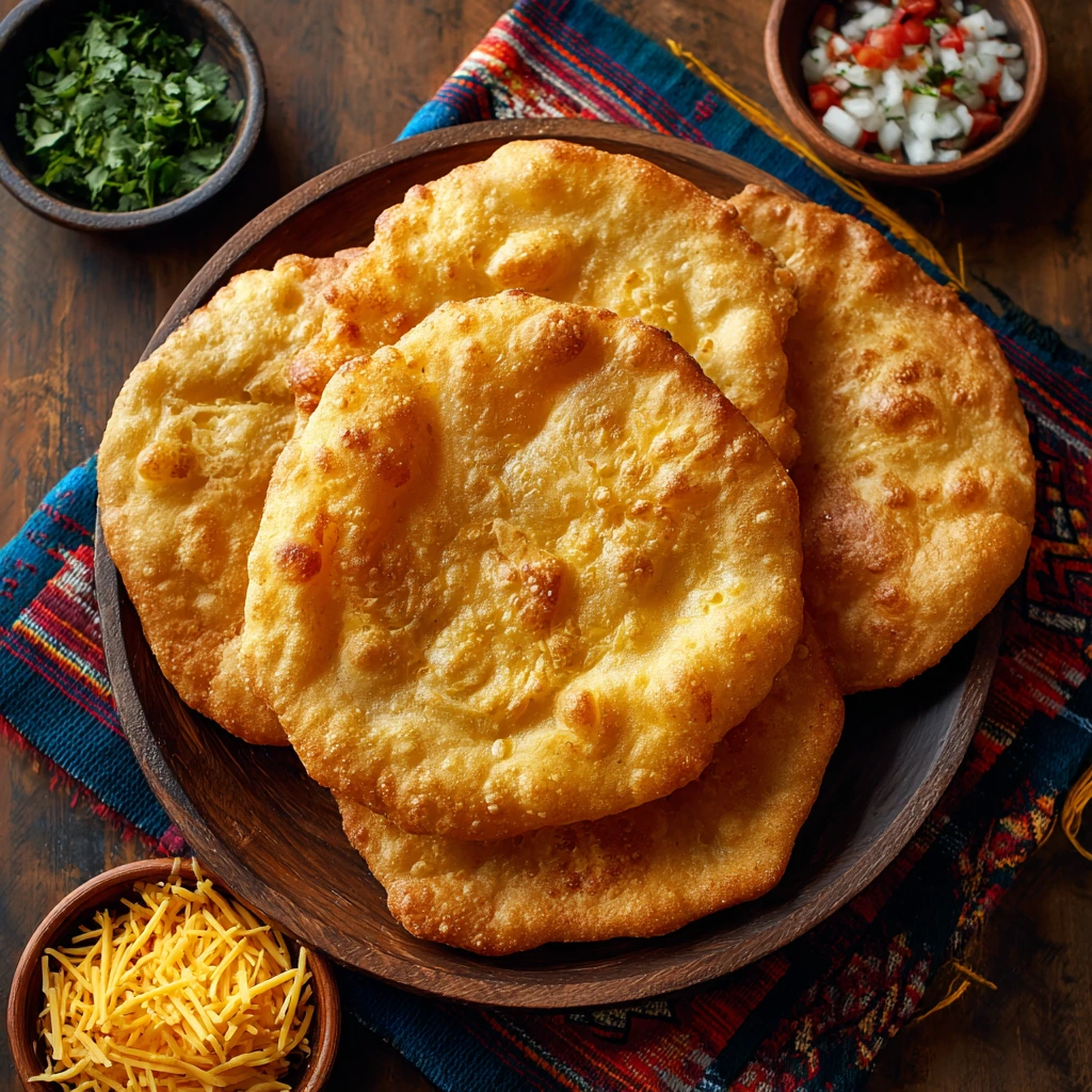 Golden, crispy Navajo fry bread fresh from the skillet, ready to be served with honey and powdered sugar.