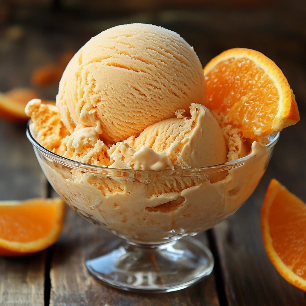 Creamy homemade orange ice cream served in a bowl with fresh orange slices and mint garnish