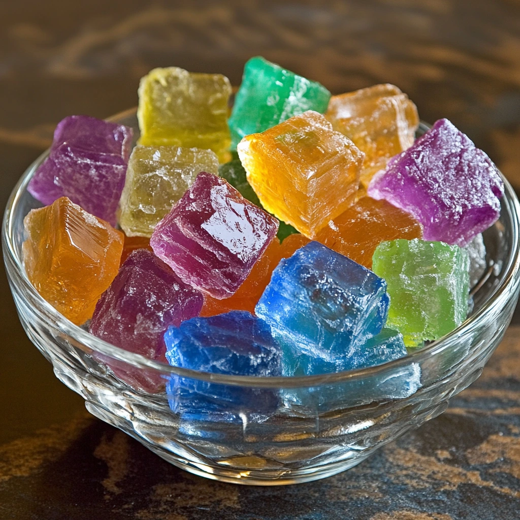 Homemade colorful rock candy sticks in glass jars with sugar crystals forming.