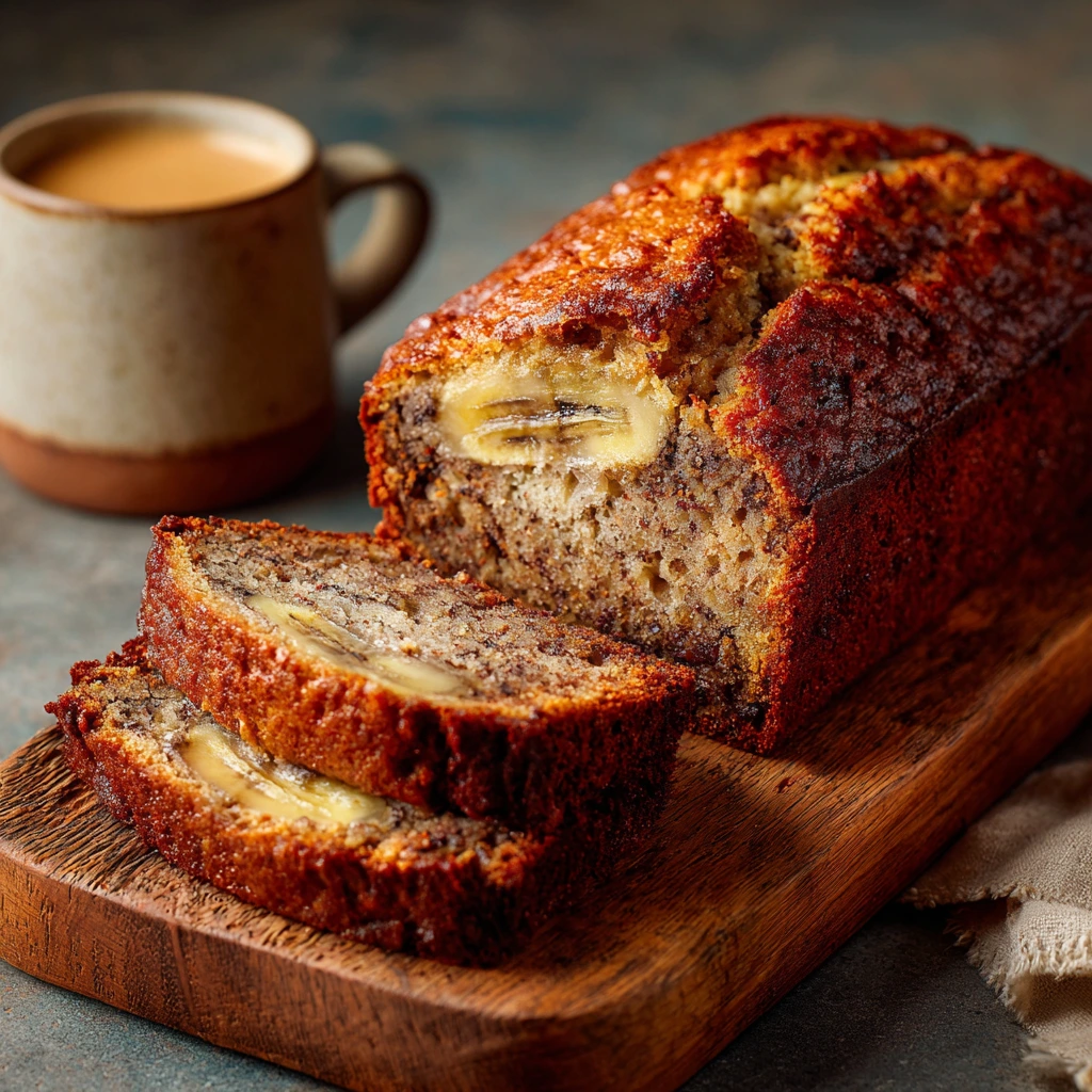 Freshly baked Starbucks-style banana loaf with golden-brown crust and walnuts on top, served on a wooden cutting board.