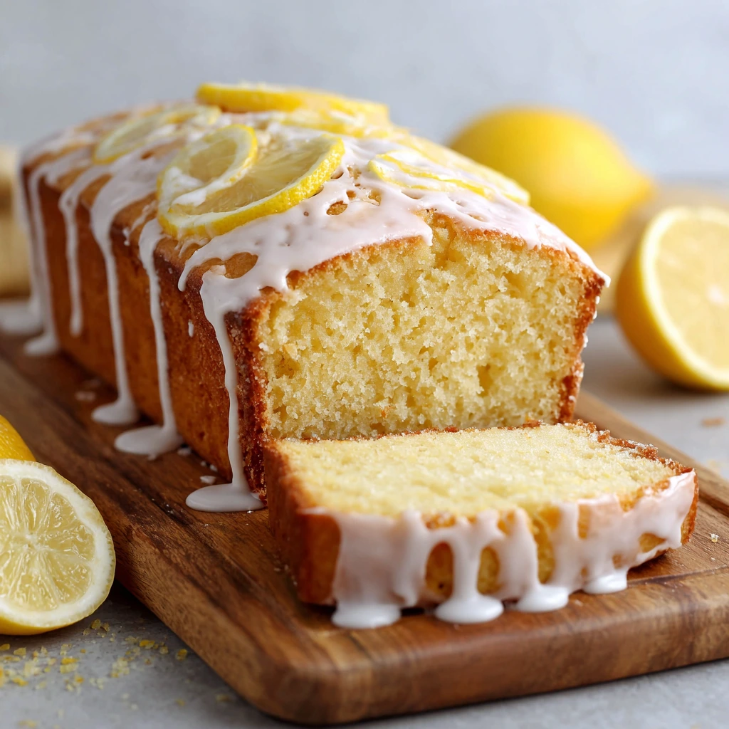 Freshly baked Starbucks Lemon Loaf with glossy lemon glaze on a cutting board