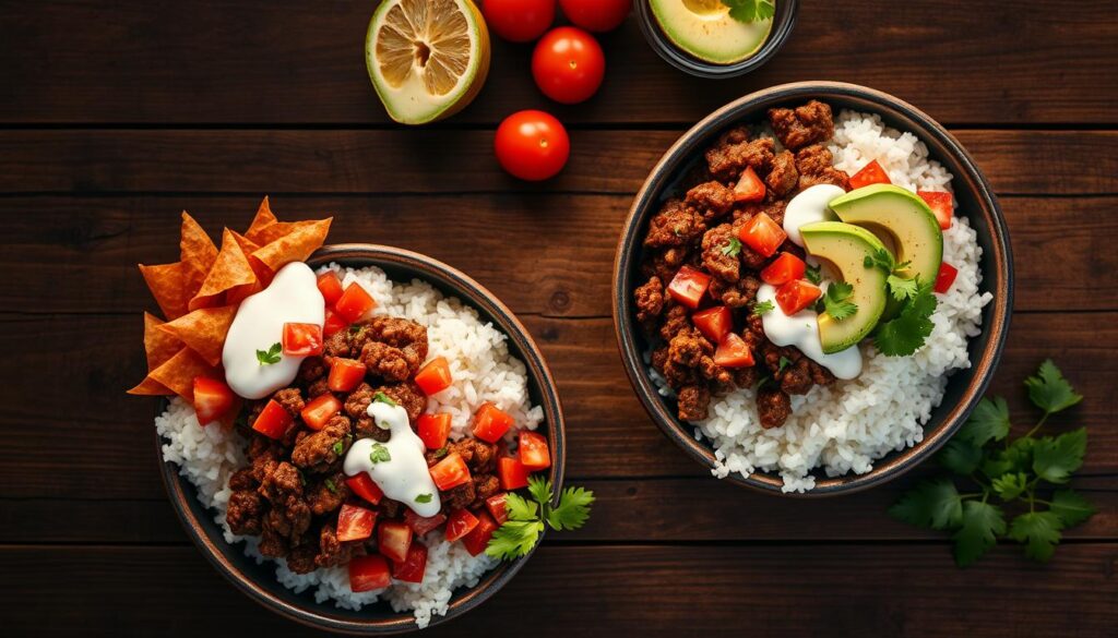 Mexican ground meat and rice bowls