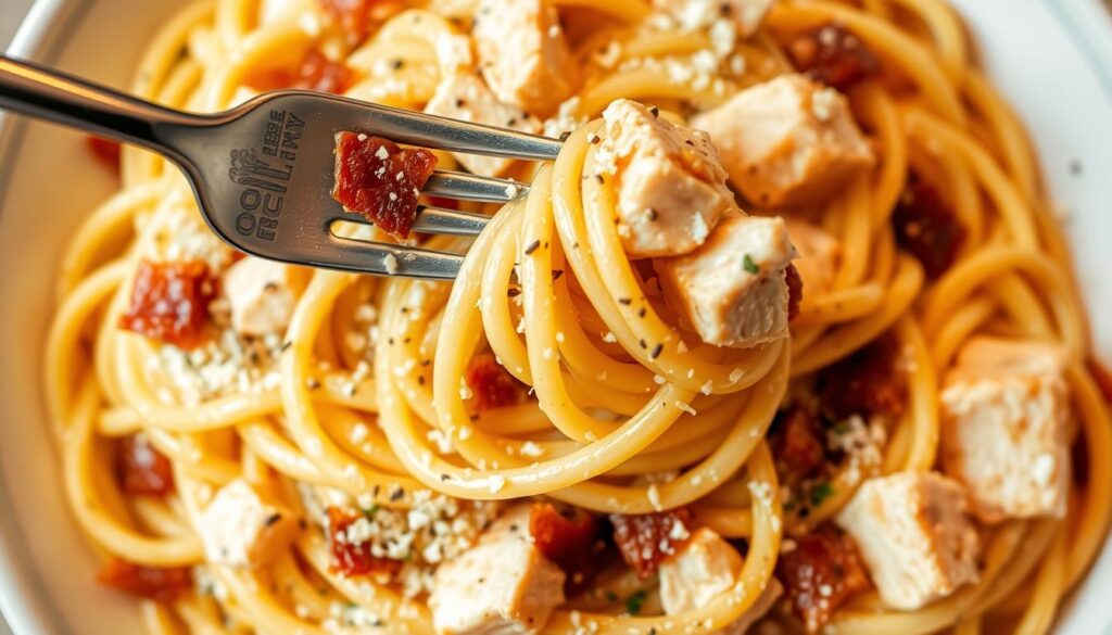 spaghetti carbonara with chicken and bacon