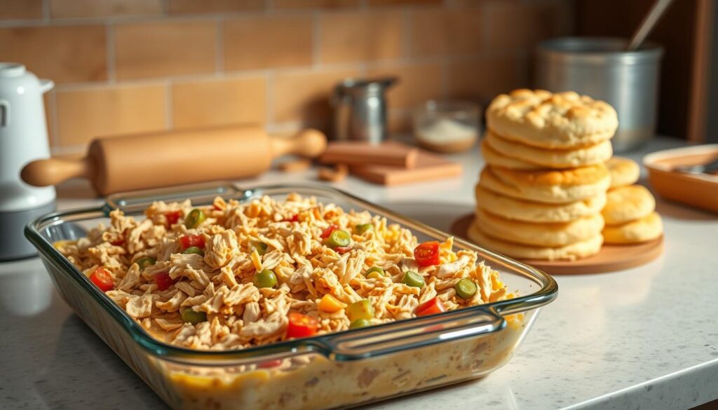 One-Pot Chicken Biscuit Casserole Preparation One-Pot Chicken Biscuit Casserole Preparation