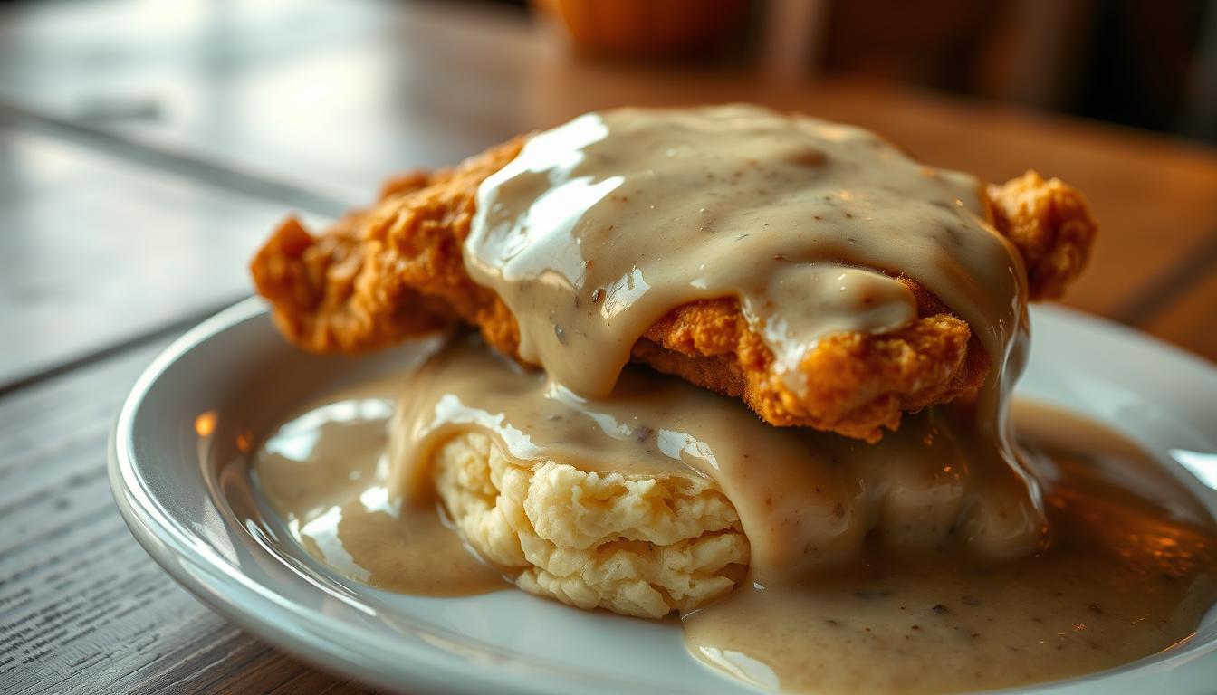 chicken and gravy over biscuits
